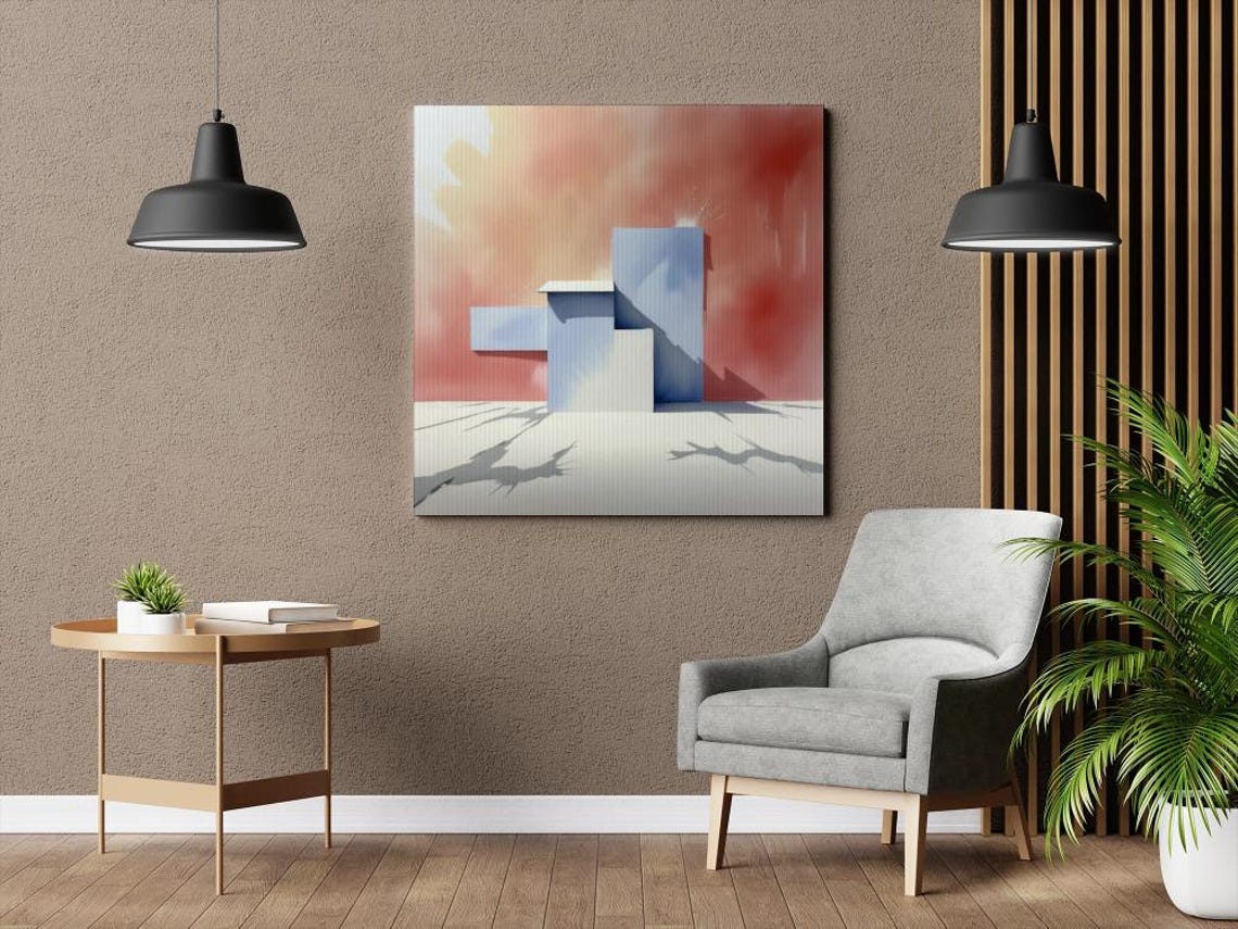 Blue Cube Doorway on Coral Background Abstract Modernist Art Poster