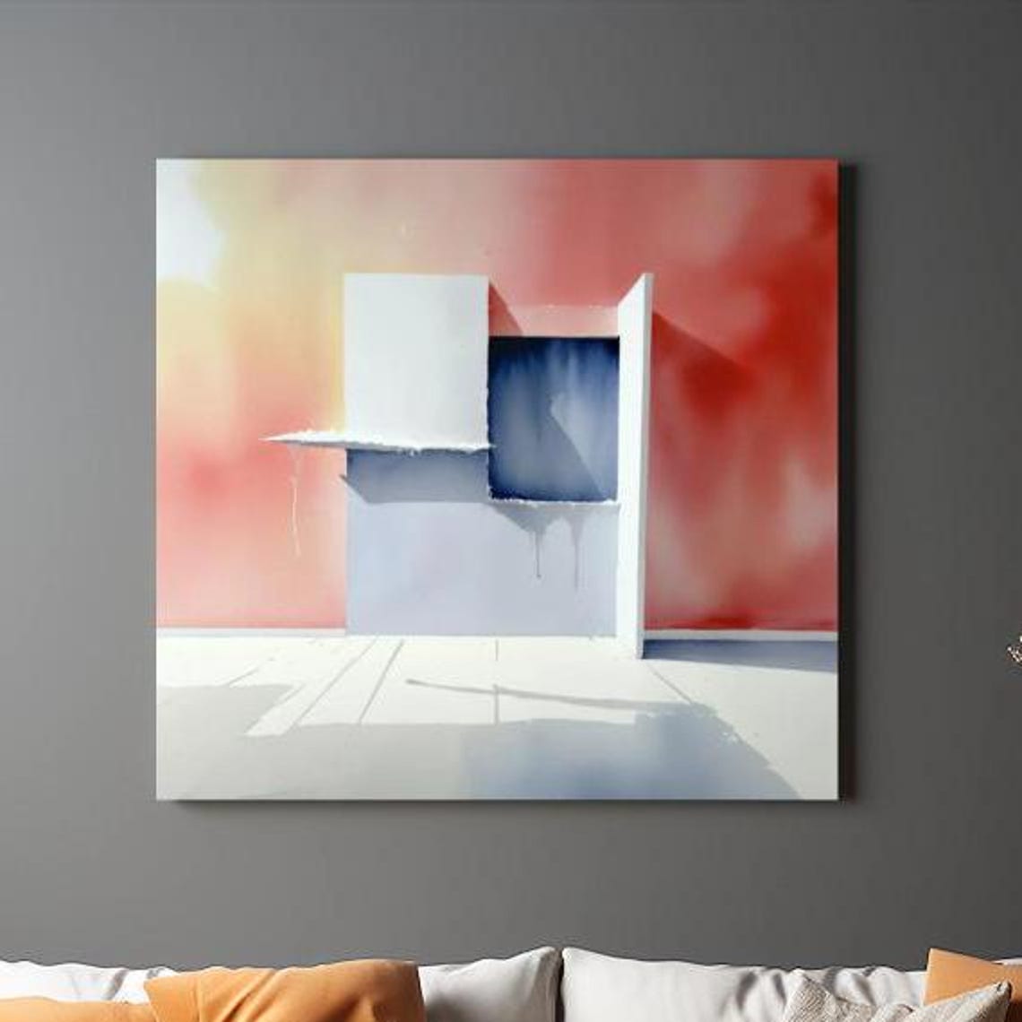 Blue Cube Doorway Coral Gradient Abstract Modern Watercolor Art Poster - Image 2
