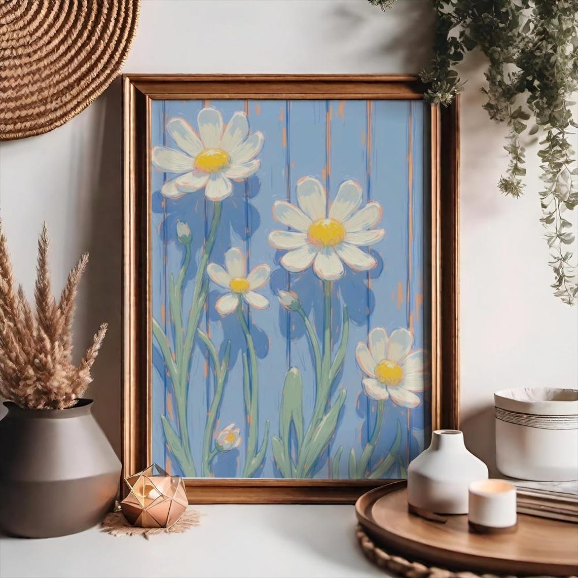 White Daisies on Blue Wooden Plank Cheerful Floral Art Poster