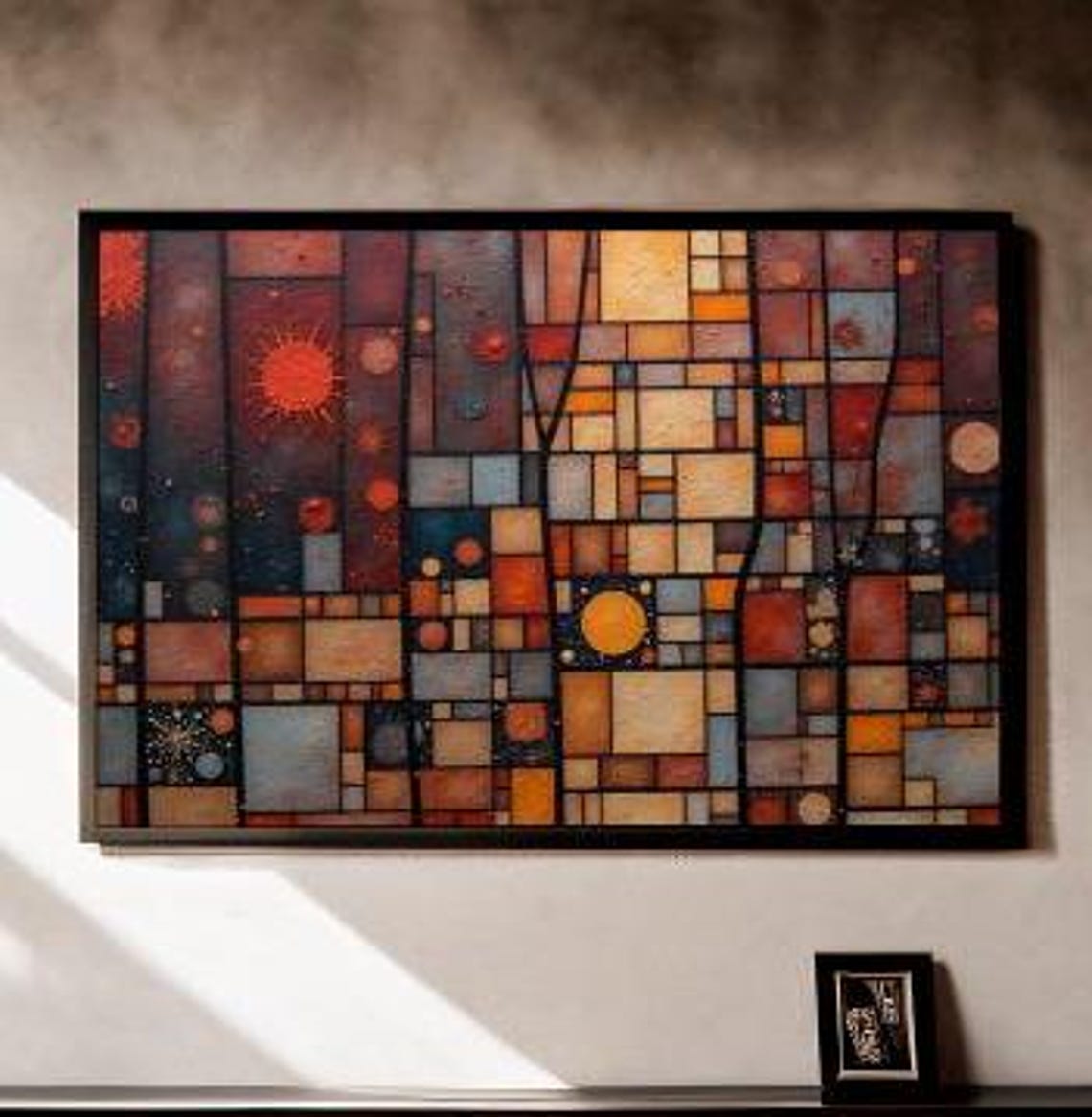 Cosmic Stained Glass Mosaic Suns Moons Amber Blue Geometric Art Poster