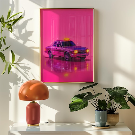 Hot Pink Vintage Taxi Night Glow Pop Art Automotive Wall Poster