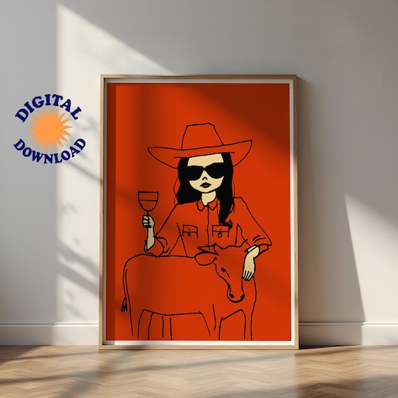 Bold Red Cowgirl and Cow Modern Line Art Digital Download Poster