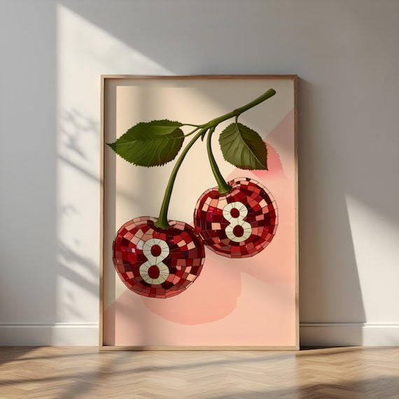Cherry Disco Eight Ball Funky Maximalist Retro Art Poster Pink
