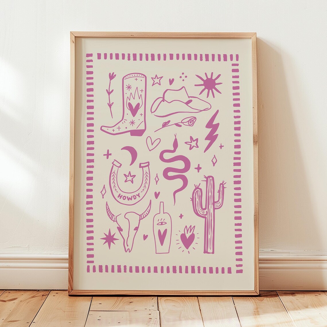 Pink Western Cowgirl Doodle Icons Desert Line Drawing Poster - Image 3
