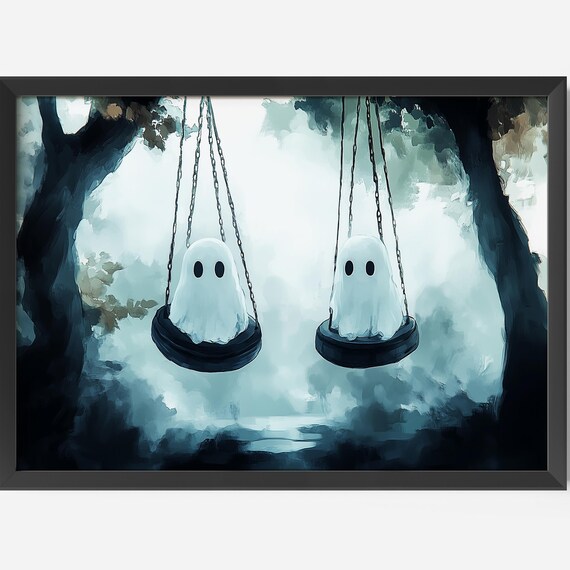 Two Ghosts On Tire Swings Misty Forest Teal Halloween Wall Art