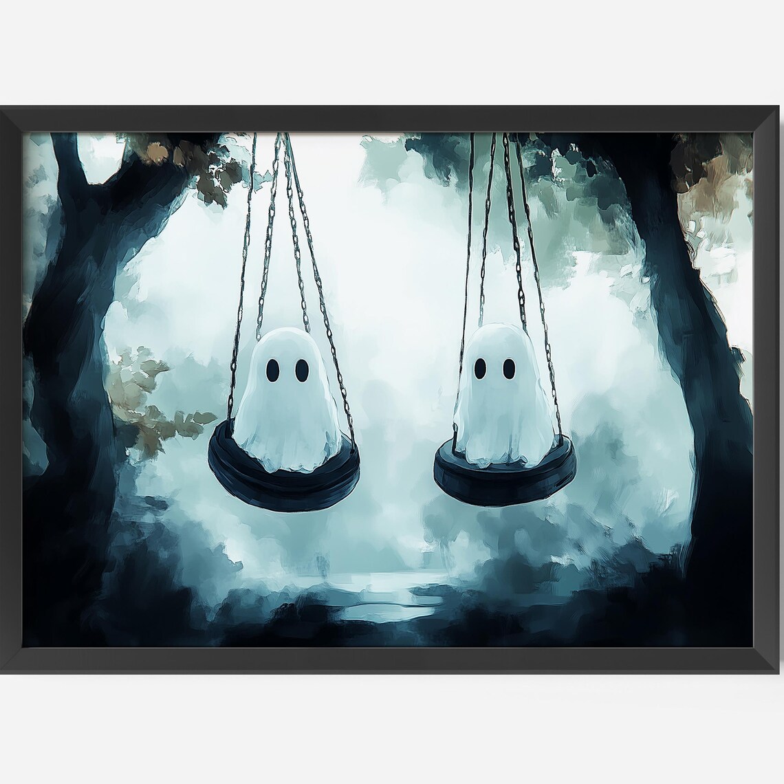 Playful On Swing Art Print Teal Halloween Decor