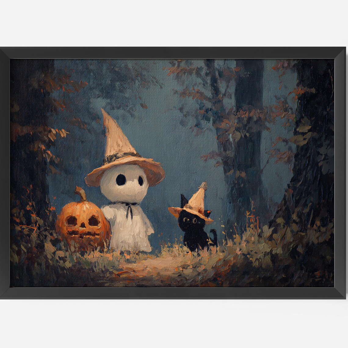 Halloween And Cat Art Print Spooky Pumpkin Night
