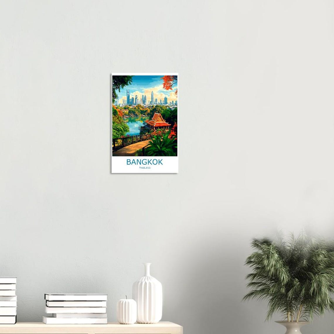 Bangkok Modern Skyline and Lakeside Temple Pavilion Travel Poster - Image 2