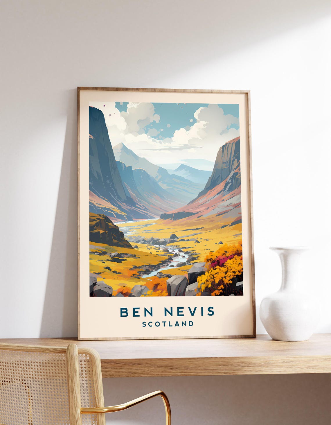 Ben Nevis Scotland Mountain Valley Stream Golden Slopes Travel Poster