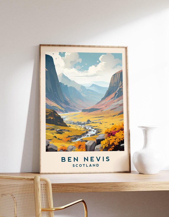 Ben Nevis Scotland Mountain Valley Stream Golden Slopes Travel Poster