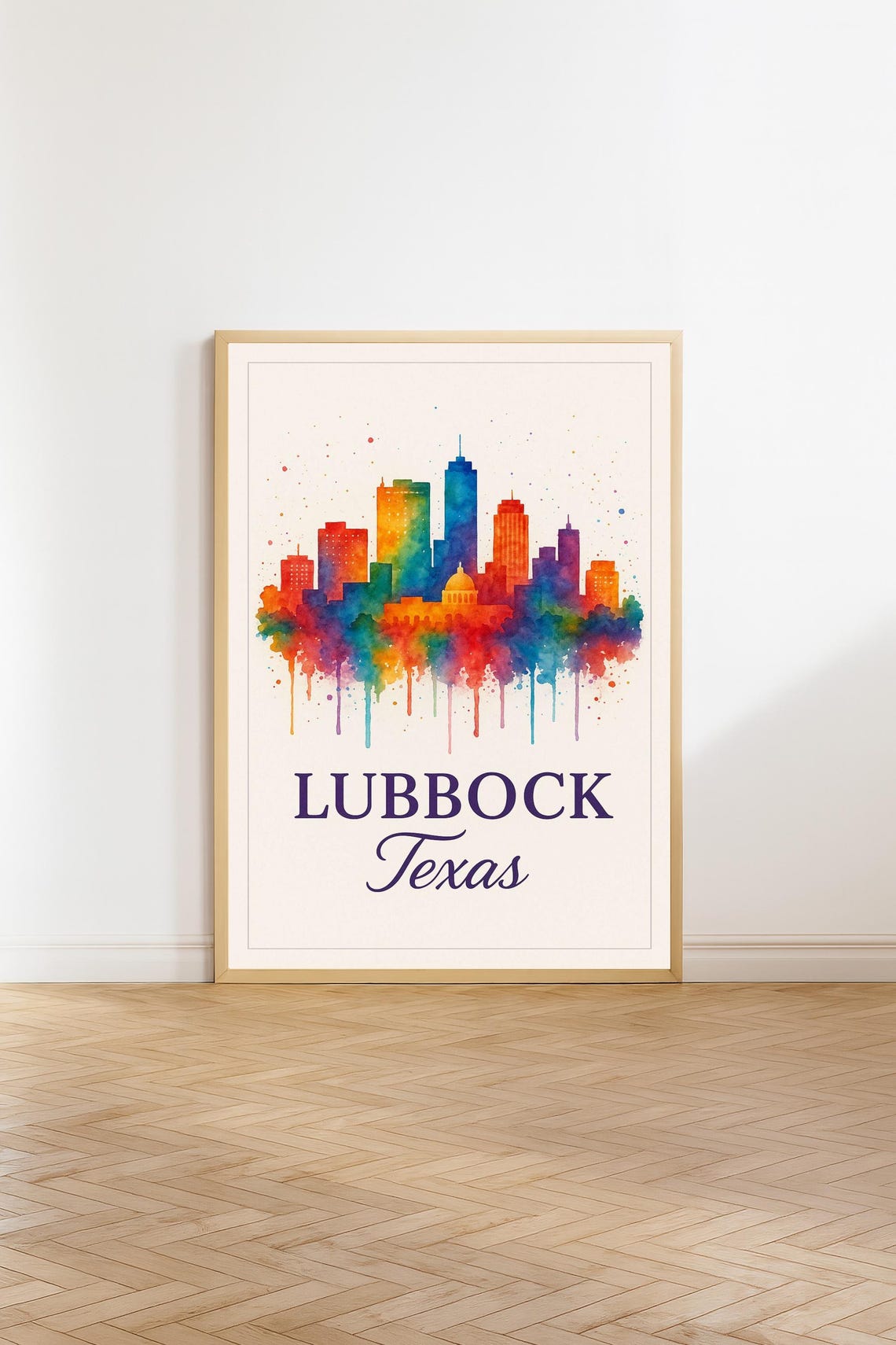 Lubbock Texas Rainbow Watercolor Skyline Hometown Wall Poster