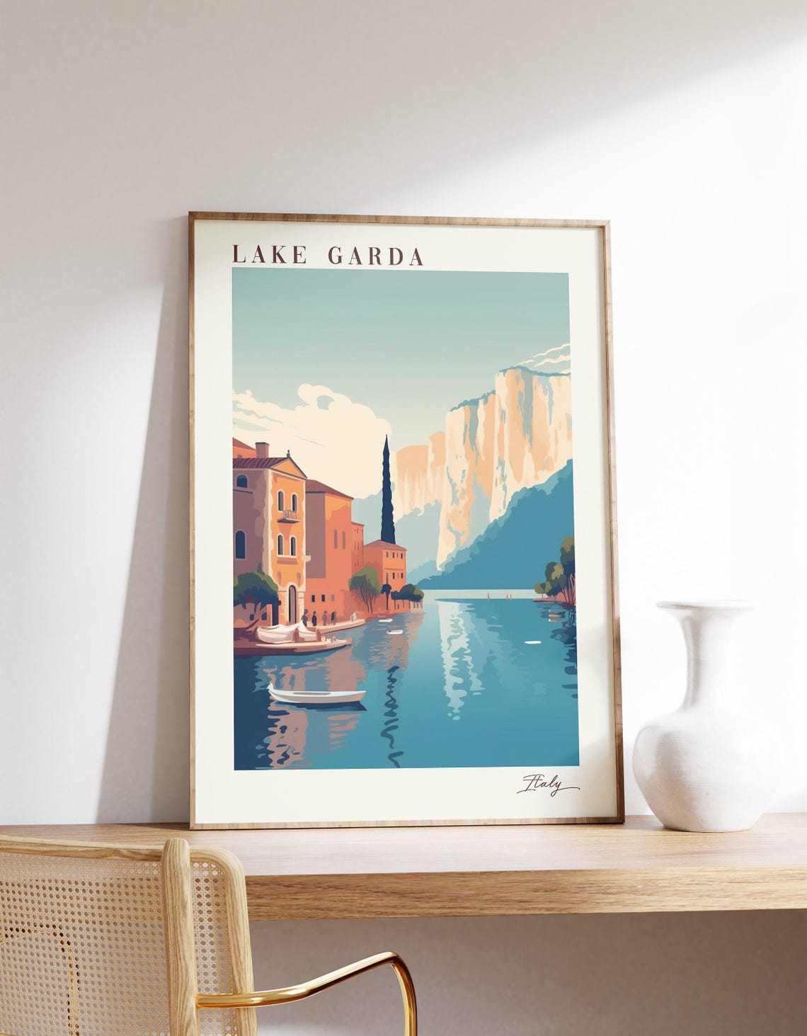 Serene Lake Garda Italy Lakeside Village Under Cliffs Travel Poster