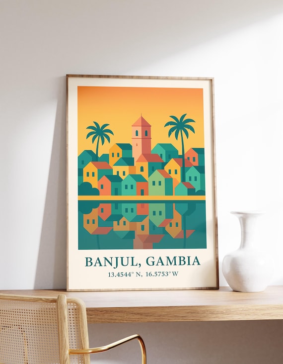 Banjul Gambia Coastal Town Reflection Palm Trees Travel Poster