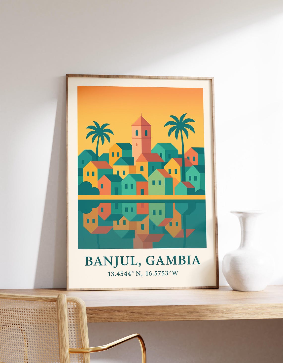 Banjul Gambia Coastal Town Reflection Palm Trees Travel Poster