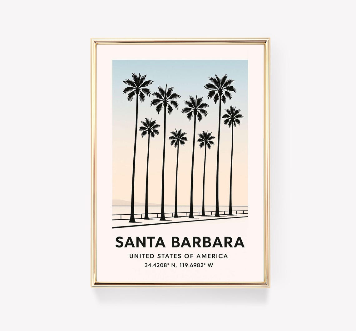 Santa Barbara California Palm Trees Sunset Silhouette Travel Poster