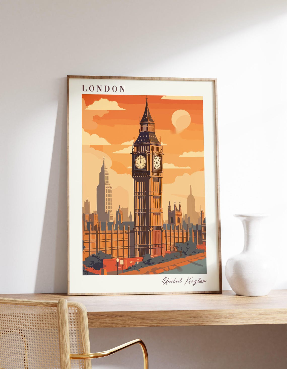 London Big Ben Sunset Skyline Vintage Retro Travel Art Poster