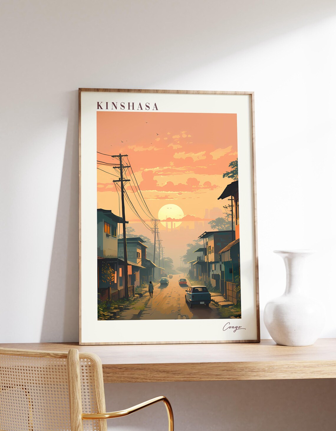 Kinshasa Congo African City Street Sunset Vintage Travel Poster