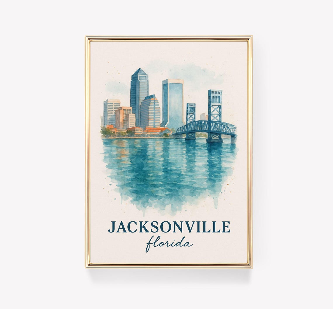Jacksonville Florida Skyline River Bridge Watercolor Travel Poster