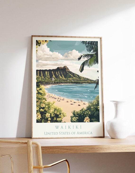 Waikiki Hawaii Diamond Head Beach Vintage Travel Wall Poster
