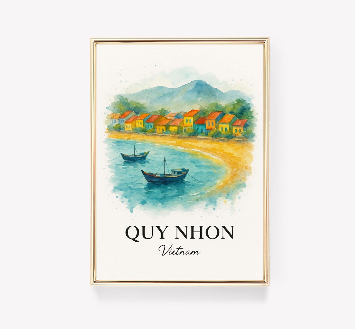 Quy Nhon Vietnam Watercolor Fishing Boats Beach Travel Poster