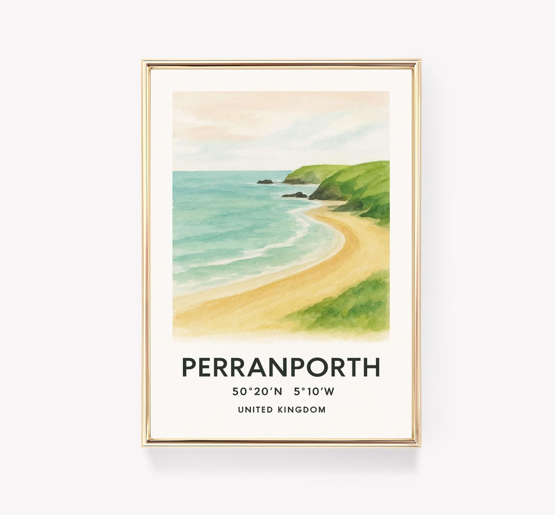 Perranporth Cornwall Beach Watercolor Coastal Travel Poster UK