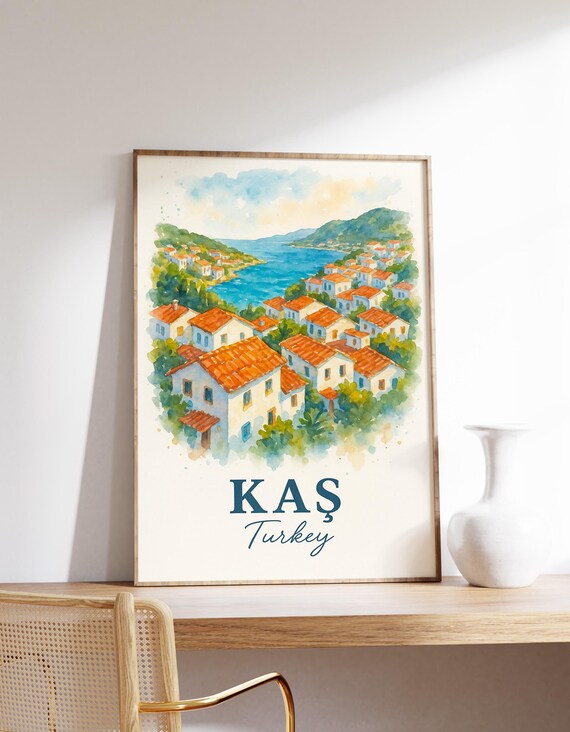 Kaş Turkey Mediterranean Coastal Village Watercolor Travel Poster
