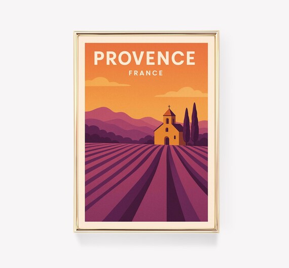 Provence France Lavender Fields Sunset Retro Travel Art Print