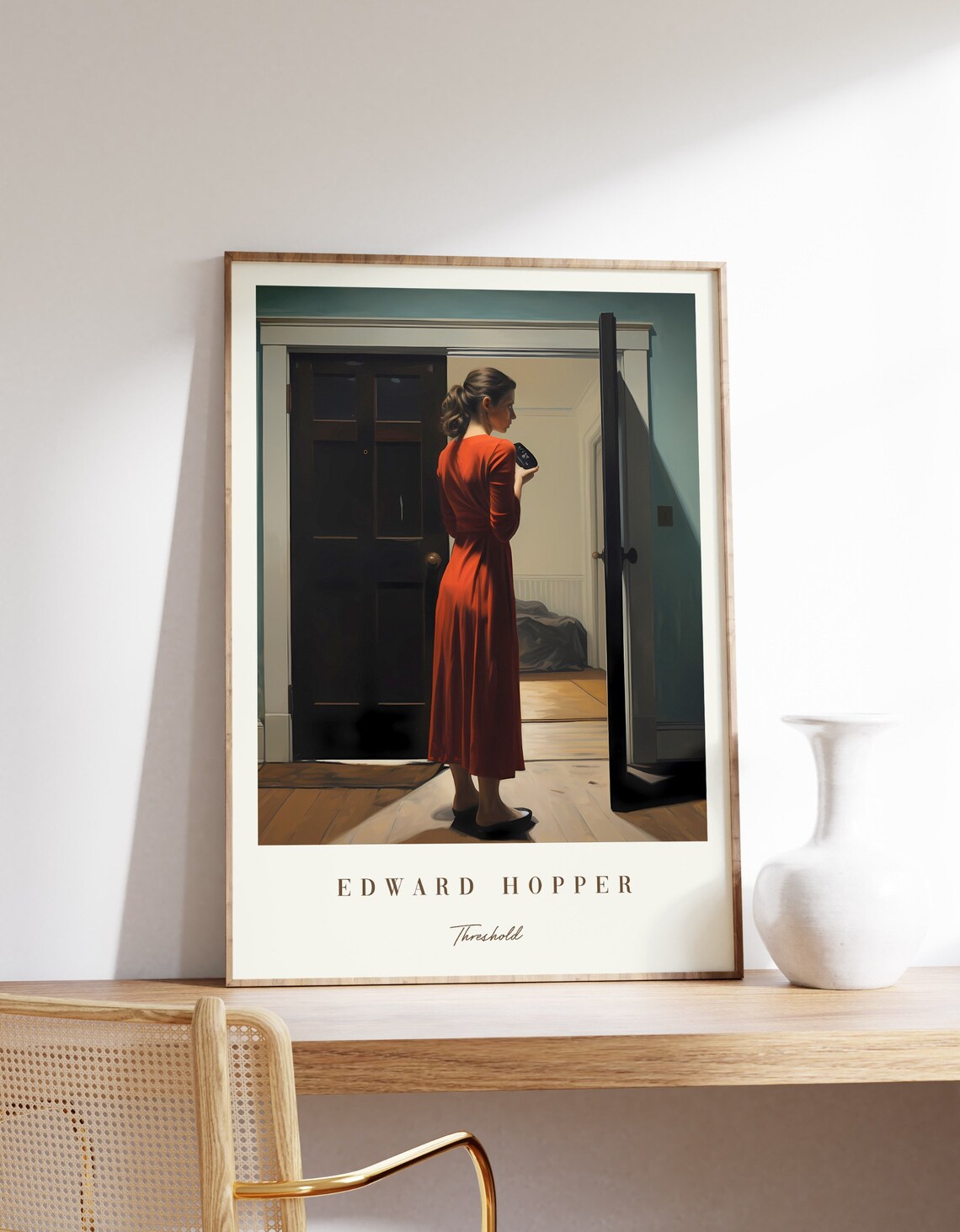 Edward Hopper Threshold Woman Red Dress Open Doorway Night Scene Poster