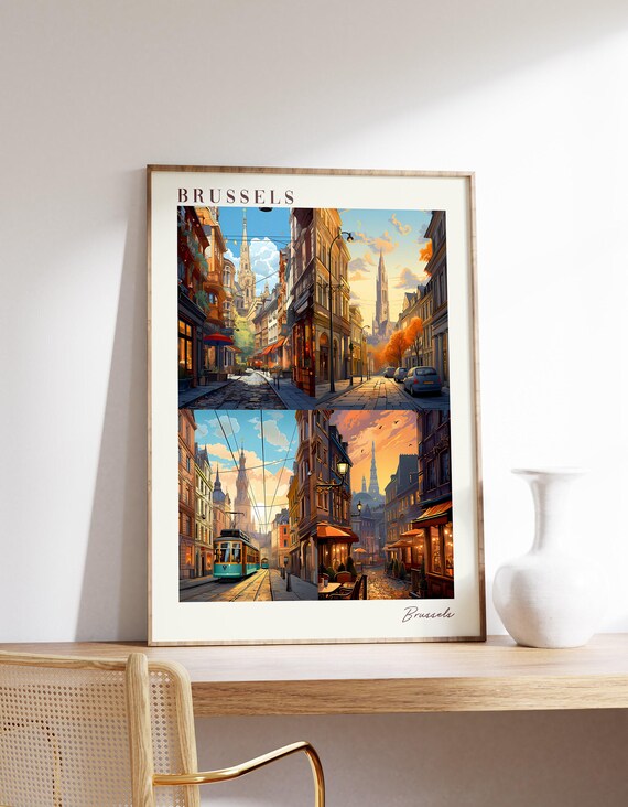 Brussels Belgium Four Panel Street Collage Tram Church Travel Poster