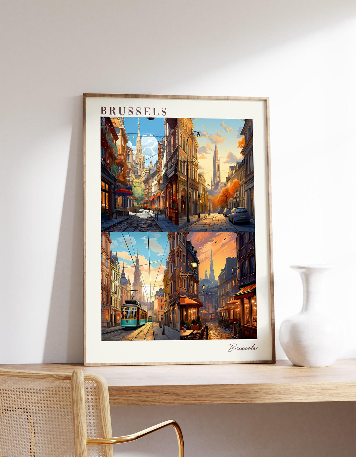 Brussels Belgium Four Panel Street Collage Tram Church Travel Poster