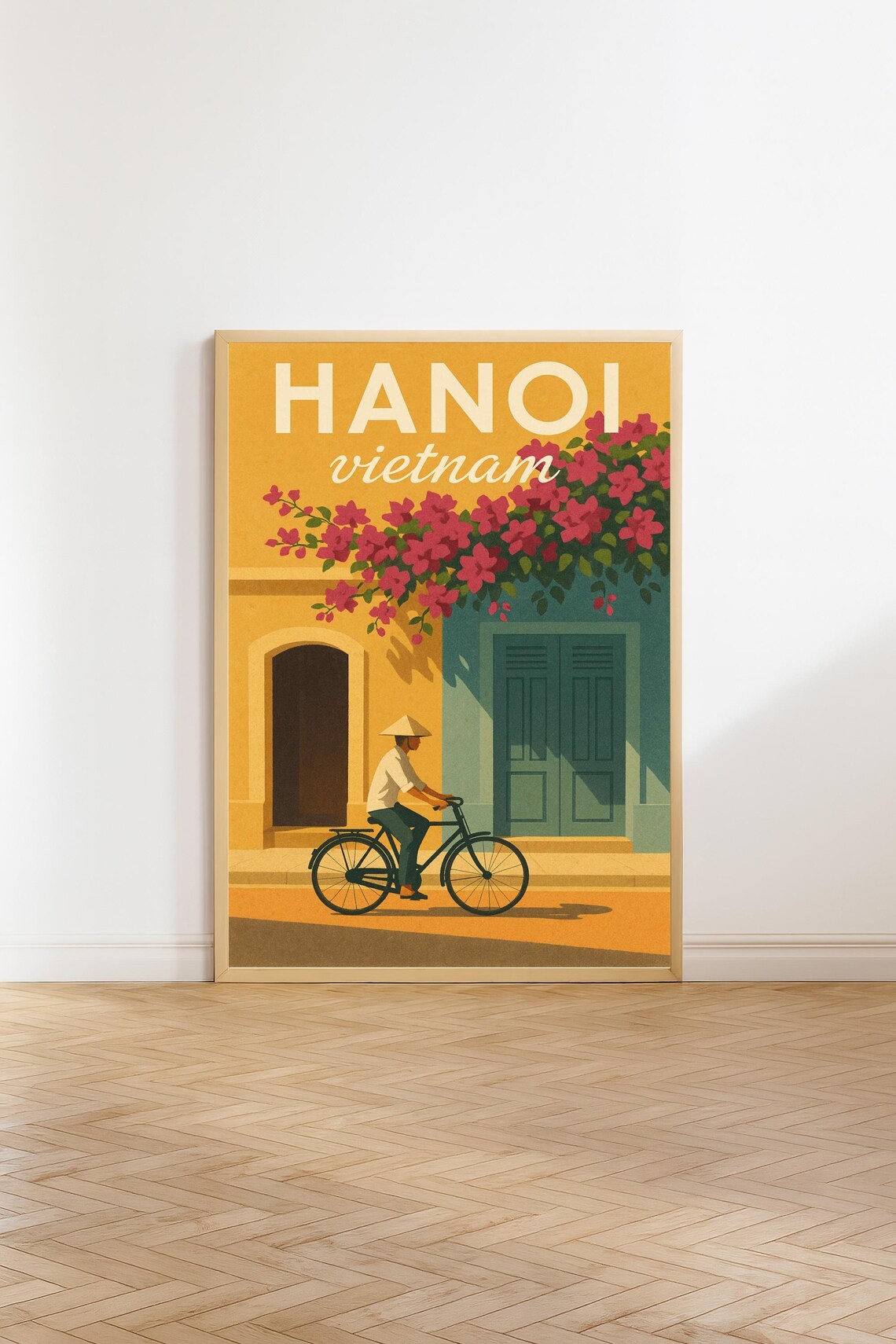 Hanoi Vietnam Cyclist Bougainvillea Street Scenic Travel Poster