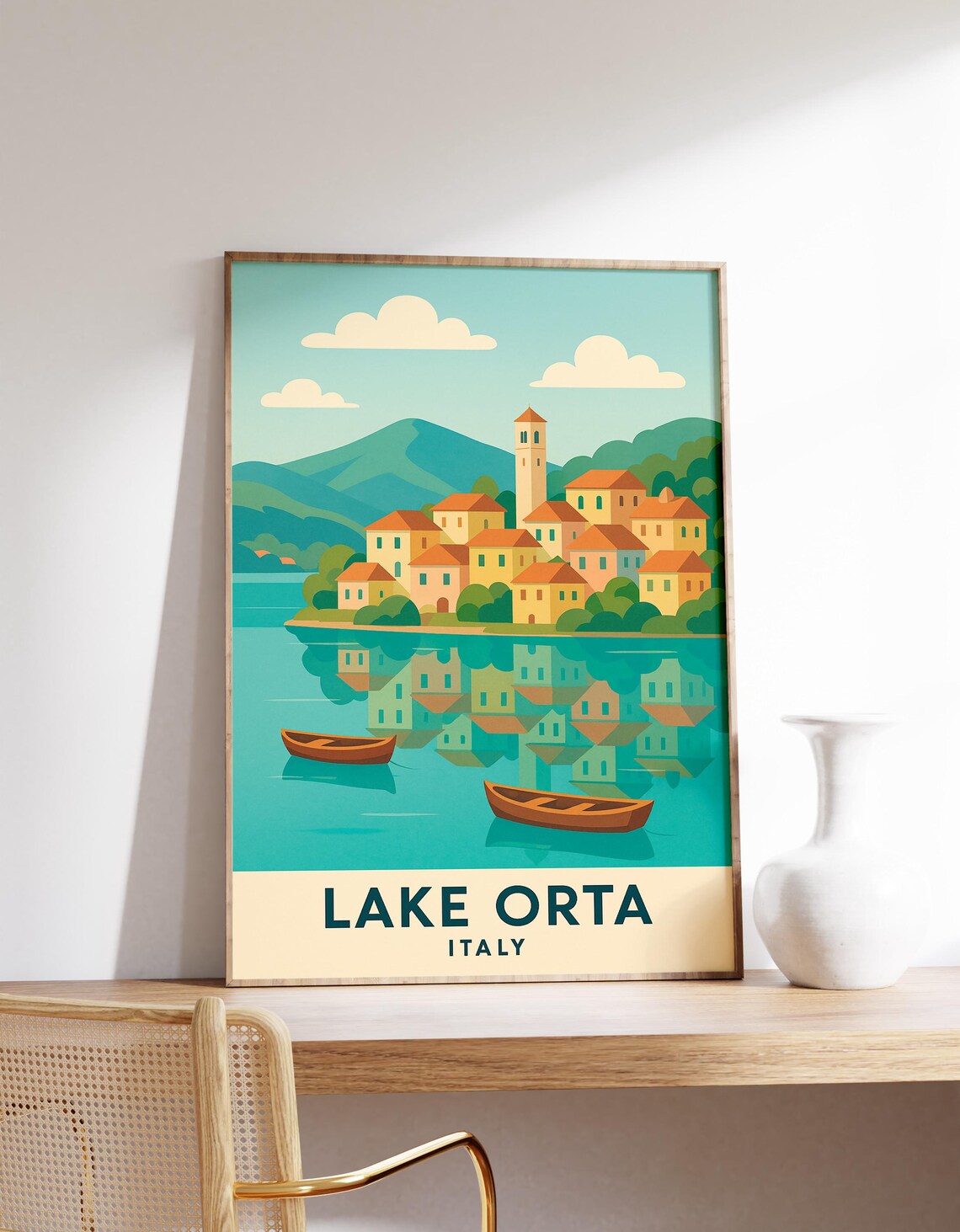 Lake Orta Italy Lakeside Village Bell Tower Vintage Travel Poster