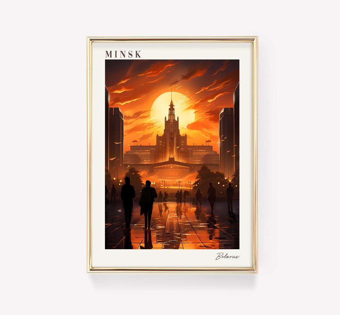 Minsk Belarus Sunset Square Grand Avenue Silhouette Travel Poster