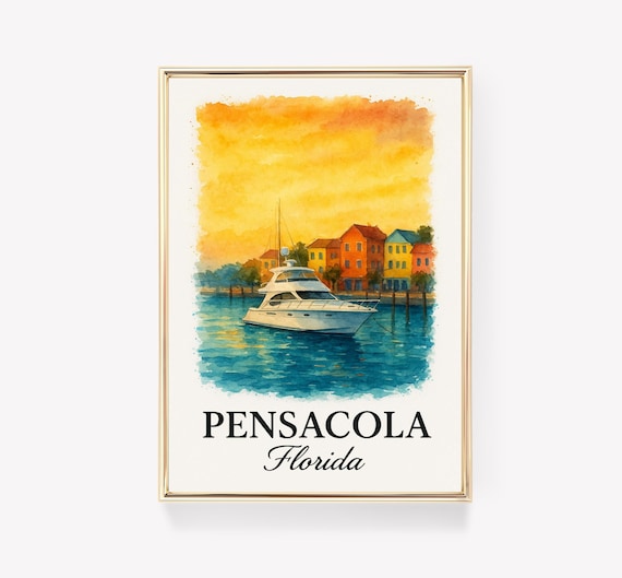 Pensacola Florida Harbor Yacht Watercolor Vintage Travel Poster