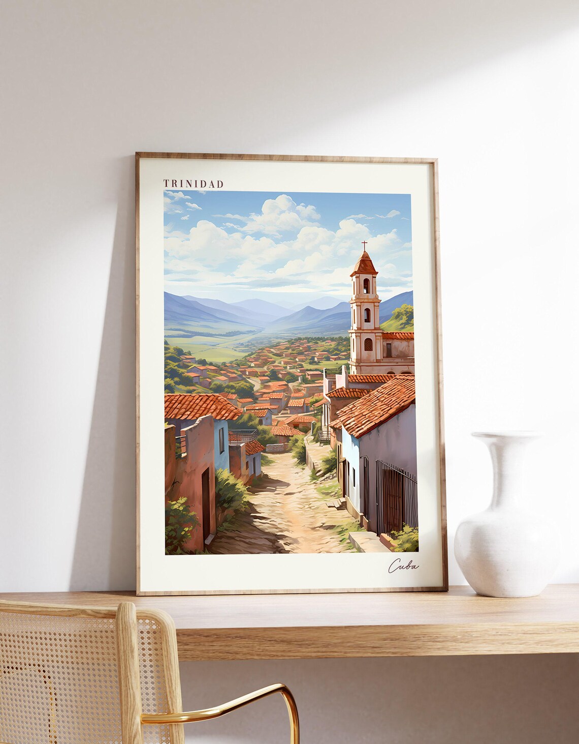 Trinidad Cuba Colonial Street Church Retro Travel Poster Art Style