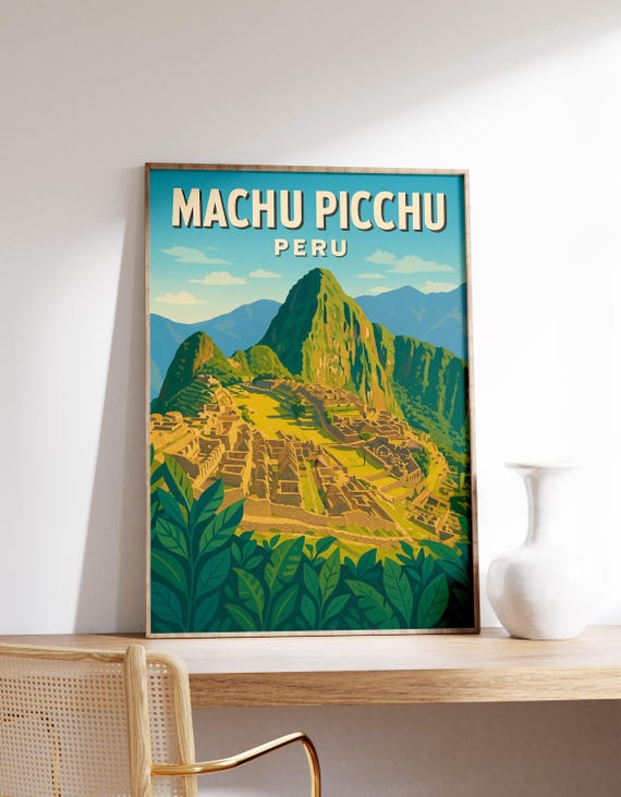 Machu Picchu Poster Peru Wall Art Print Andes Mountains Decor Inca Ruins Vintage Travel