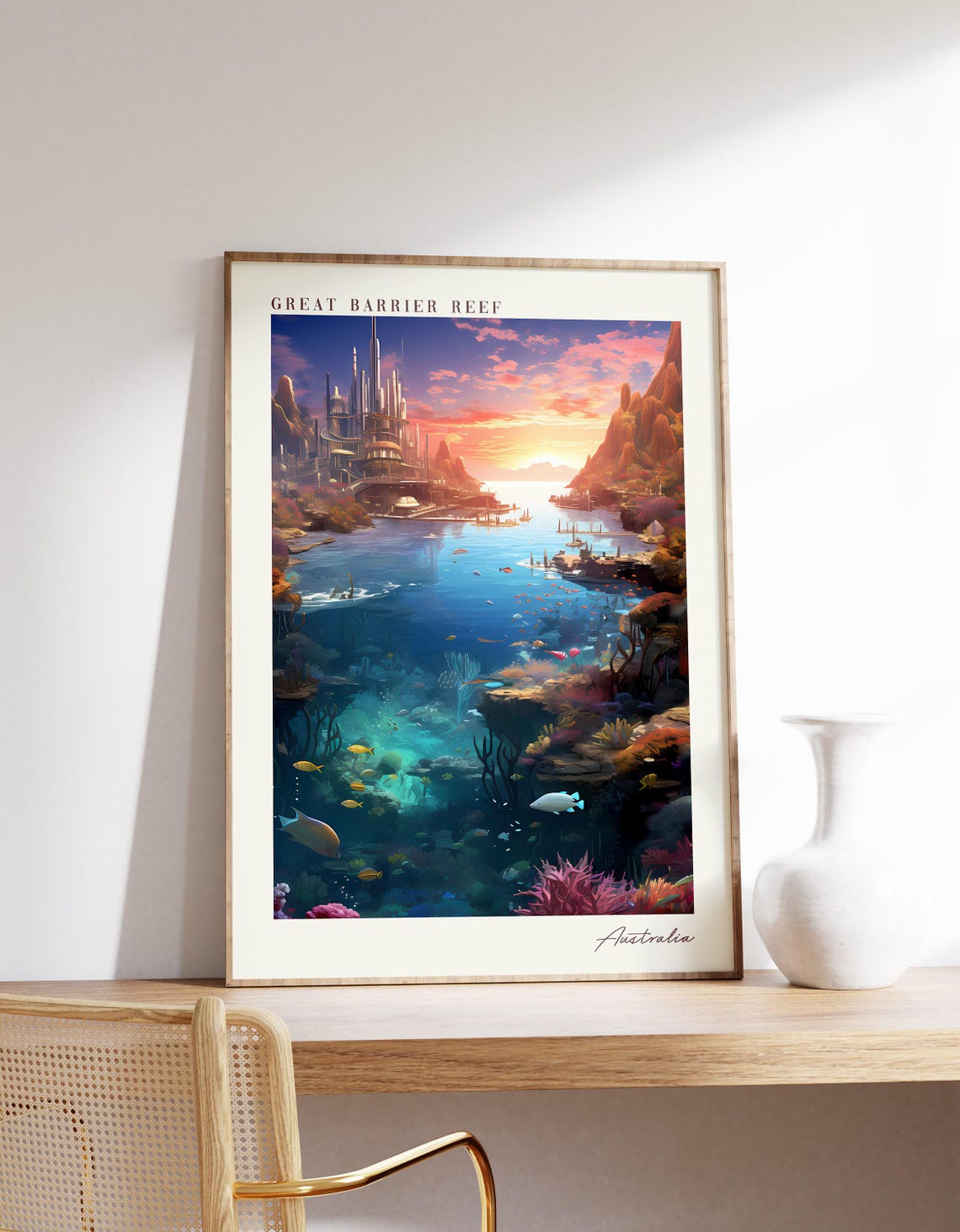 Great Barrier Reef Australia Coral Sunset Underwater Travel Poster