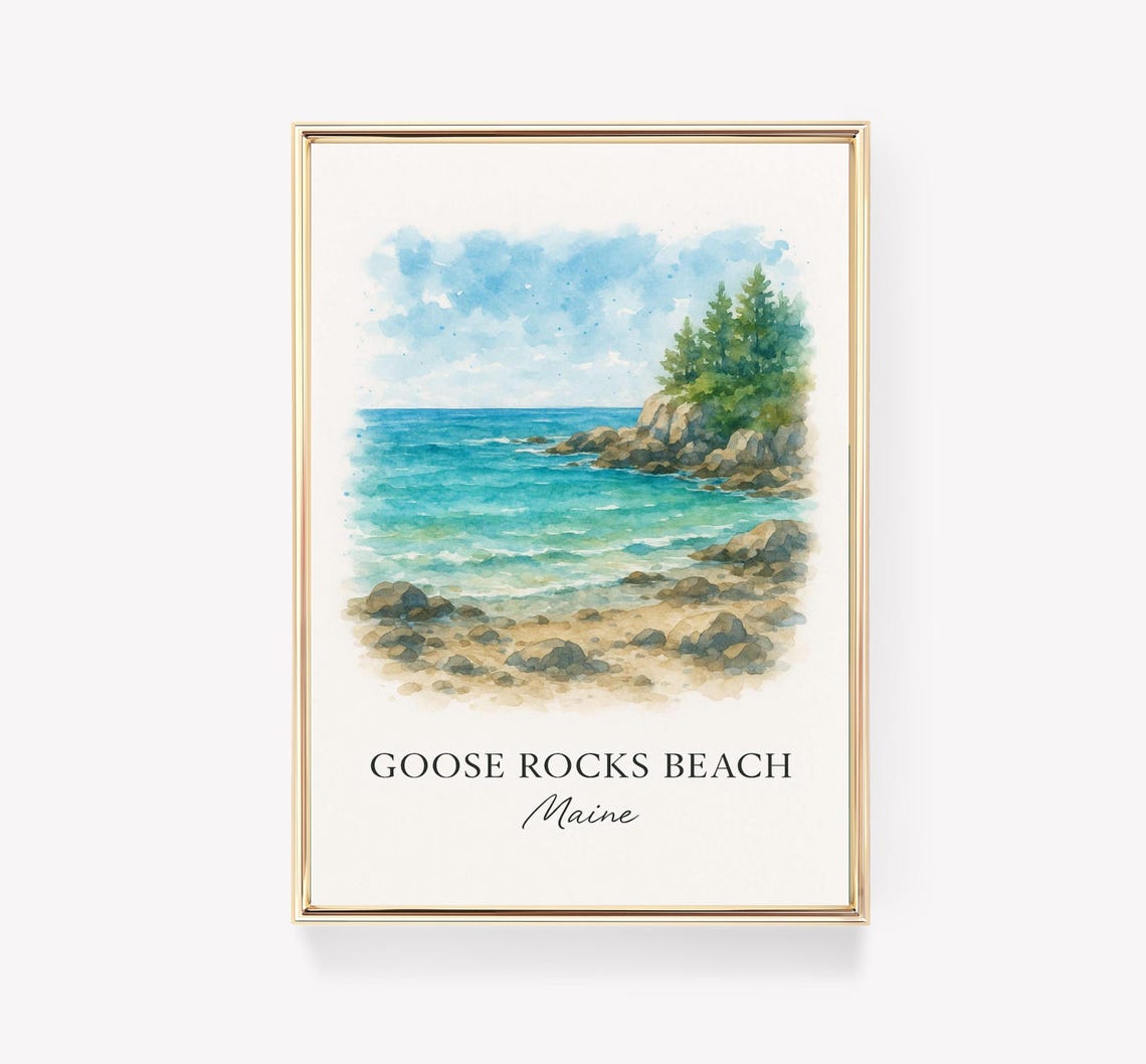 Goose Rocks Beach Maine Rocky Coast Watercolor Seaside Travel Poster