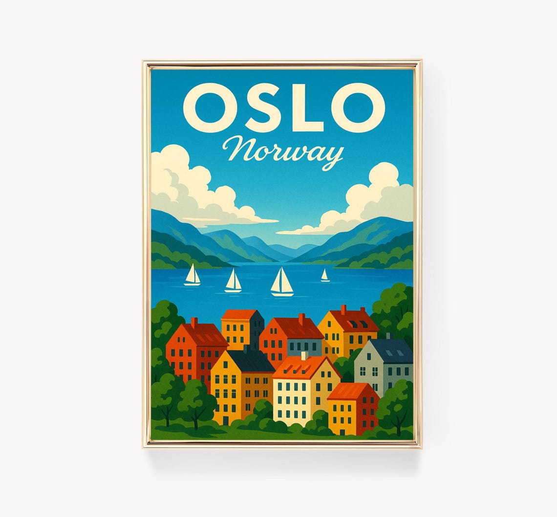 Oslo Norway Vintage Travel Poster Harbor Sailboats Mountains
