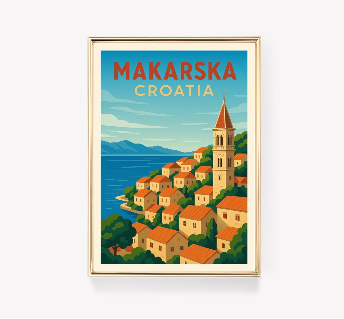 Makarska Croatia Travel Poster Adriatic Coast Town Retro Vintage Art
