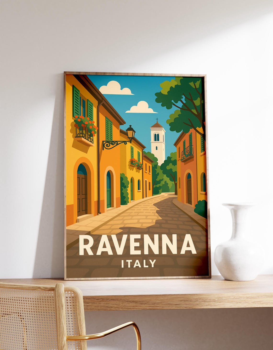 Ravenna Italy Retro Street Old Town Bell Tower Charming Travel Poster