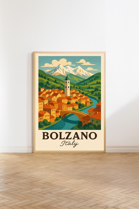 Bolzano Italy Alpine Town Bridge Mountain Scenic Travel Poster