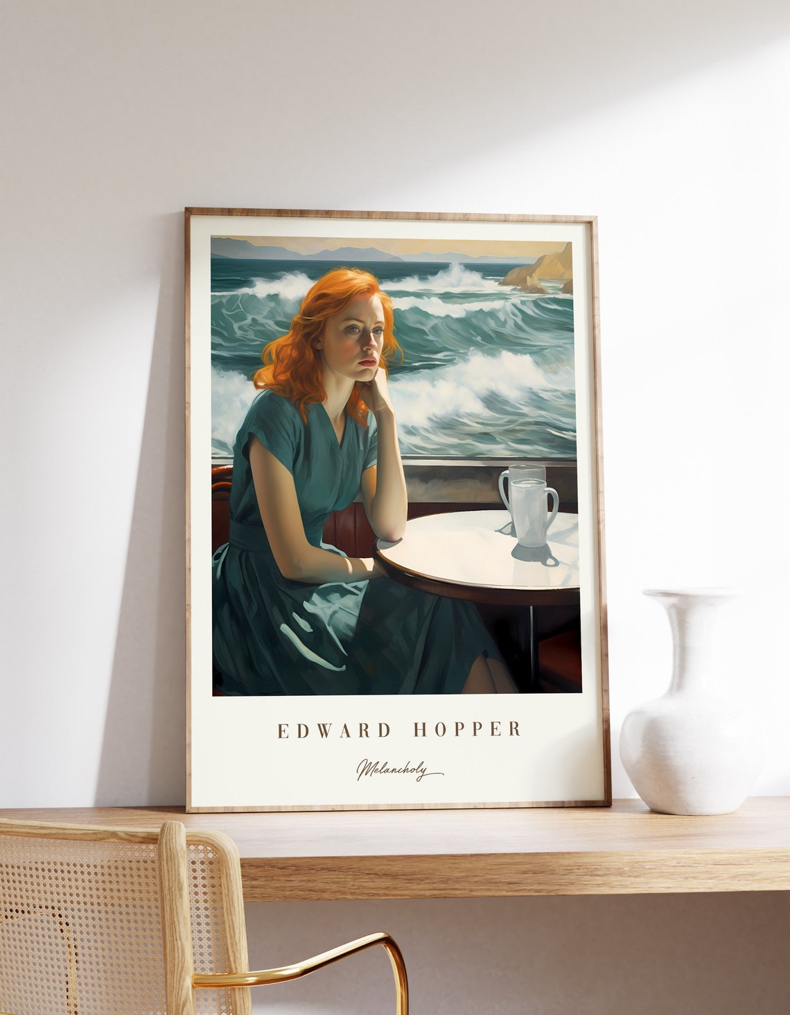 Edward Hopper Inspired Melancholy Redhead Seaside Cafe Waves Poster