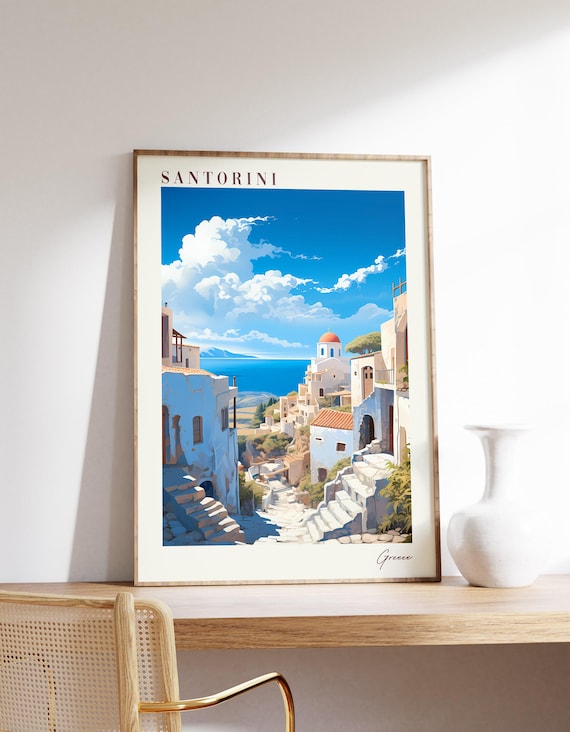 Santorini Greece Whitewashed Village Aegean Blue Sea Travel Poster