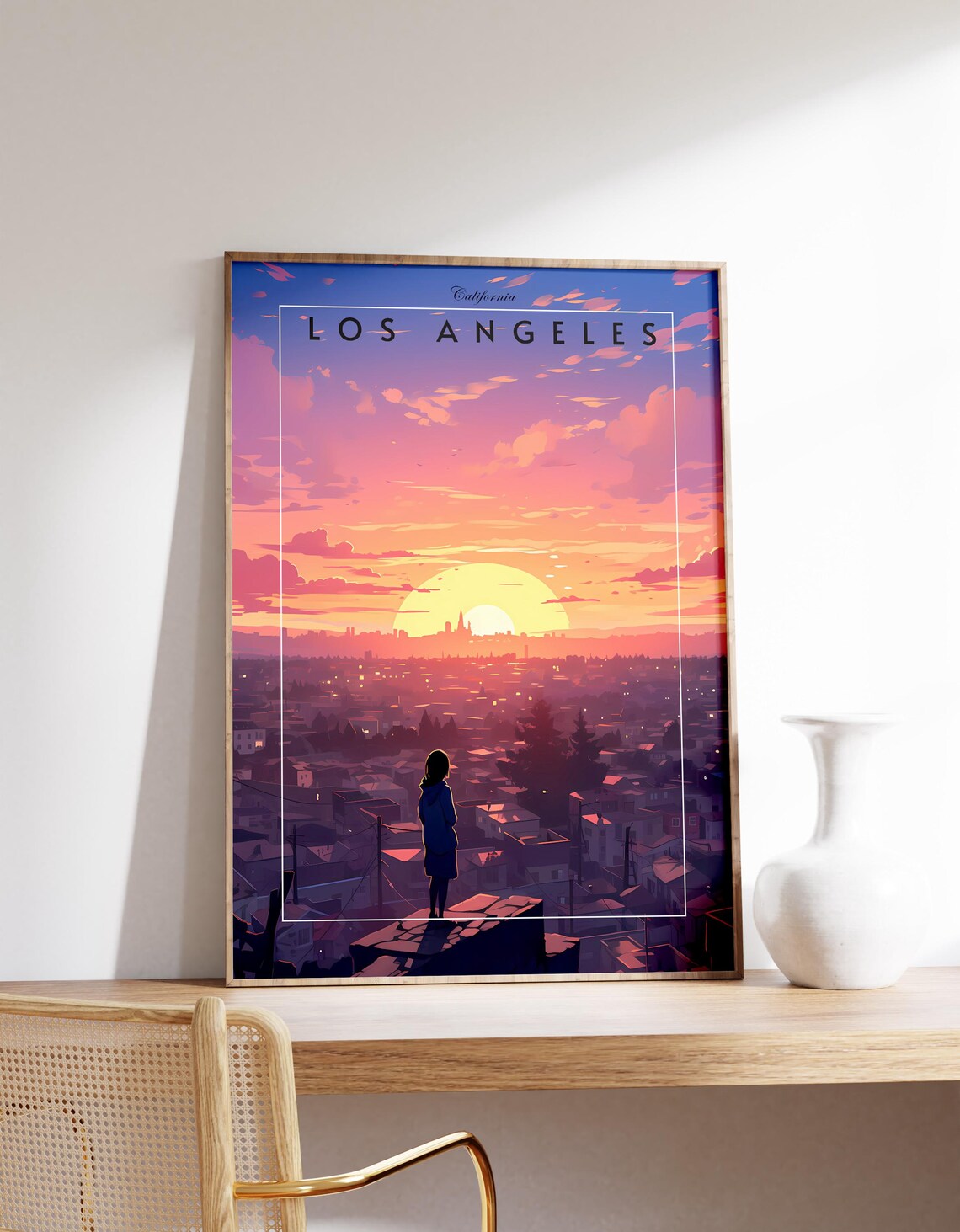 Los Angeles California Sunset City View Girl Silhouette Travel Poster