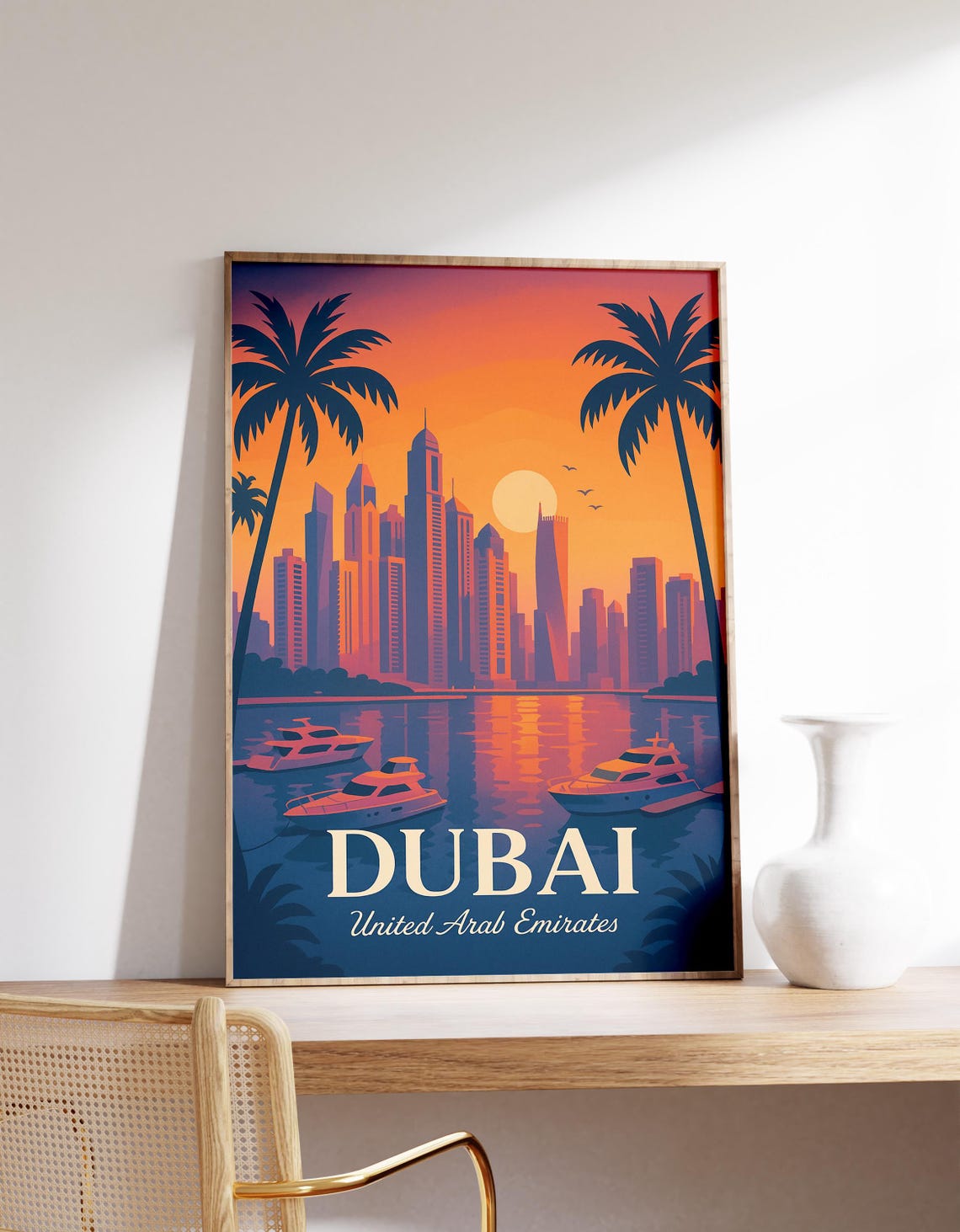 Dubai Marina Sunset Skyline Yachts Luxury UAE Travel Wall Poster