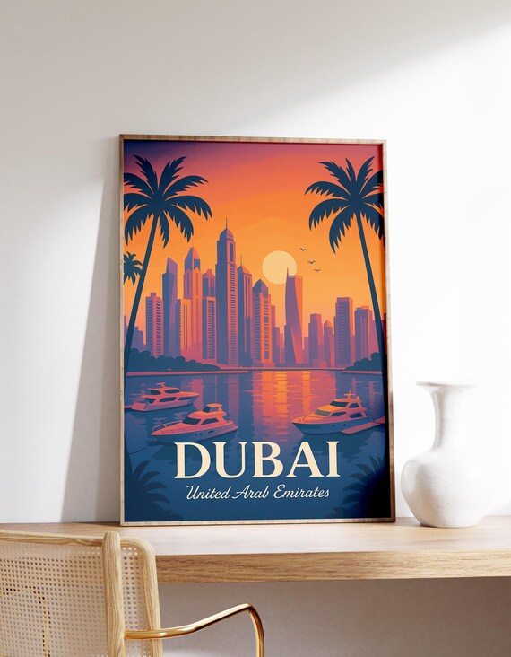 Dubai Marina Sunset Poster Skyline Wall Art Uae Travel Decor Modern Cityscape Print