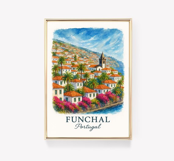 Funchal Portugal Watercolor Poster Madeira Hillside Town Coastal Art