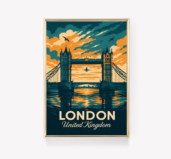 London Tower Bridge at Sunset Over Thames Vintage Travel Poster