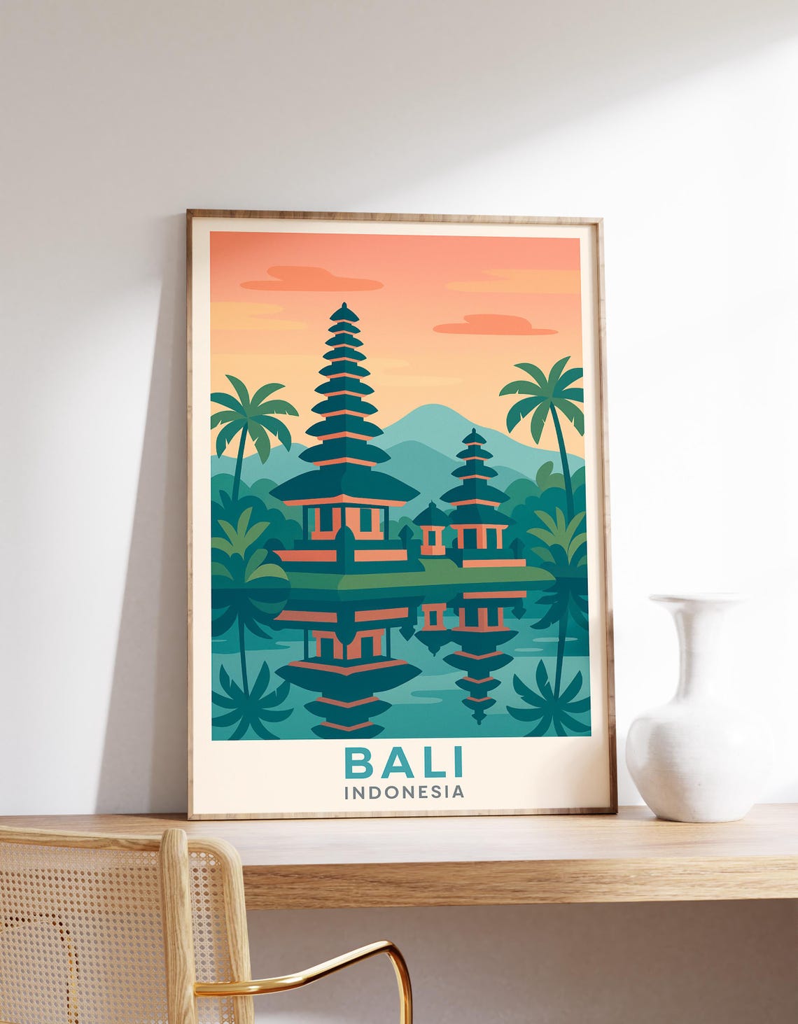 Bali Indonesia Temple Reflection Sunset Tropical Travel Poster